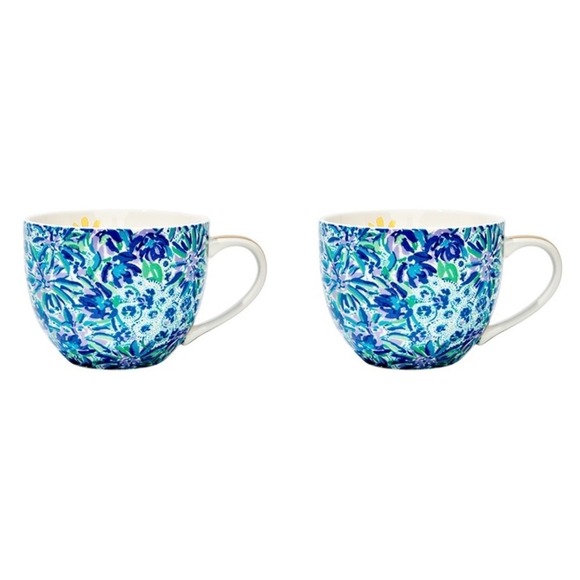 Lilly Pulitzer Ceramic Mugs Set of 2 Blue Floral Paisley Gold Handles 12oz NEW - Picture 2 of 16